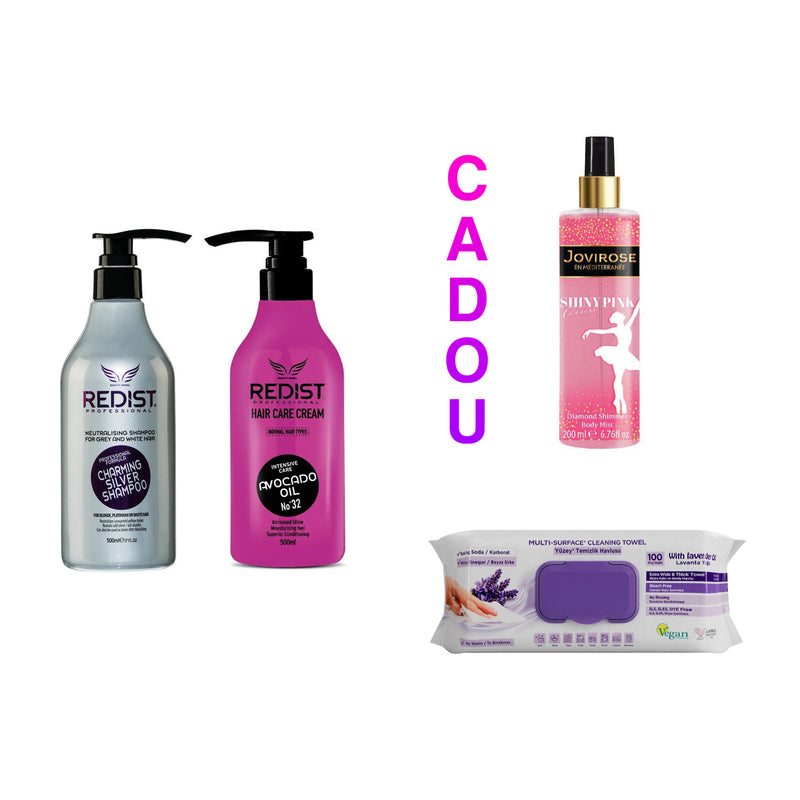 Sampon nuantator Silver Redist 500 ml + Balsam de par profesional cu Ulei de Avocado Redist 500 ml + CADOU : Body mist Shiny Pink Desire 200 ml + Şerveţele umede pentru multi suprafeţe cu lavandă , bicarbonat şi oțet Deep Fresh 100 de bucăți