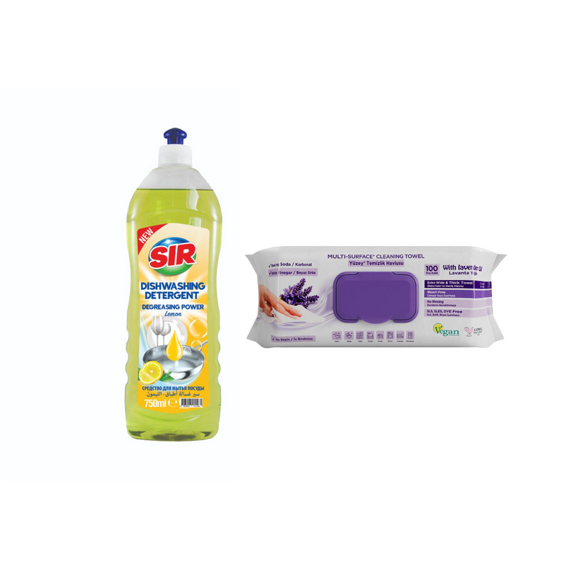 Detergent pentru vase Sir Lemon  1000 ml + Şerveţele umede pentru multi suprafeţe cu lavandă , bicarbonat şi oțet Deep Fresh 100 de bucăți