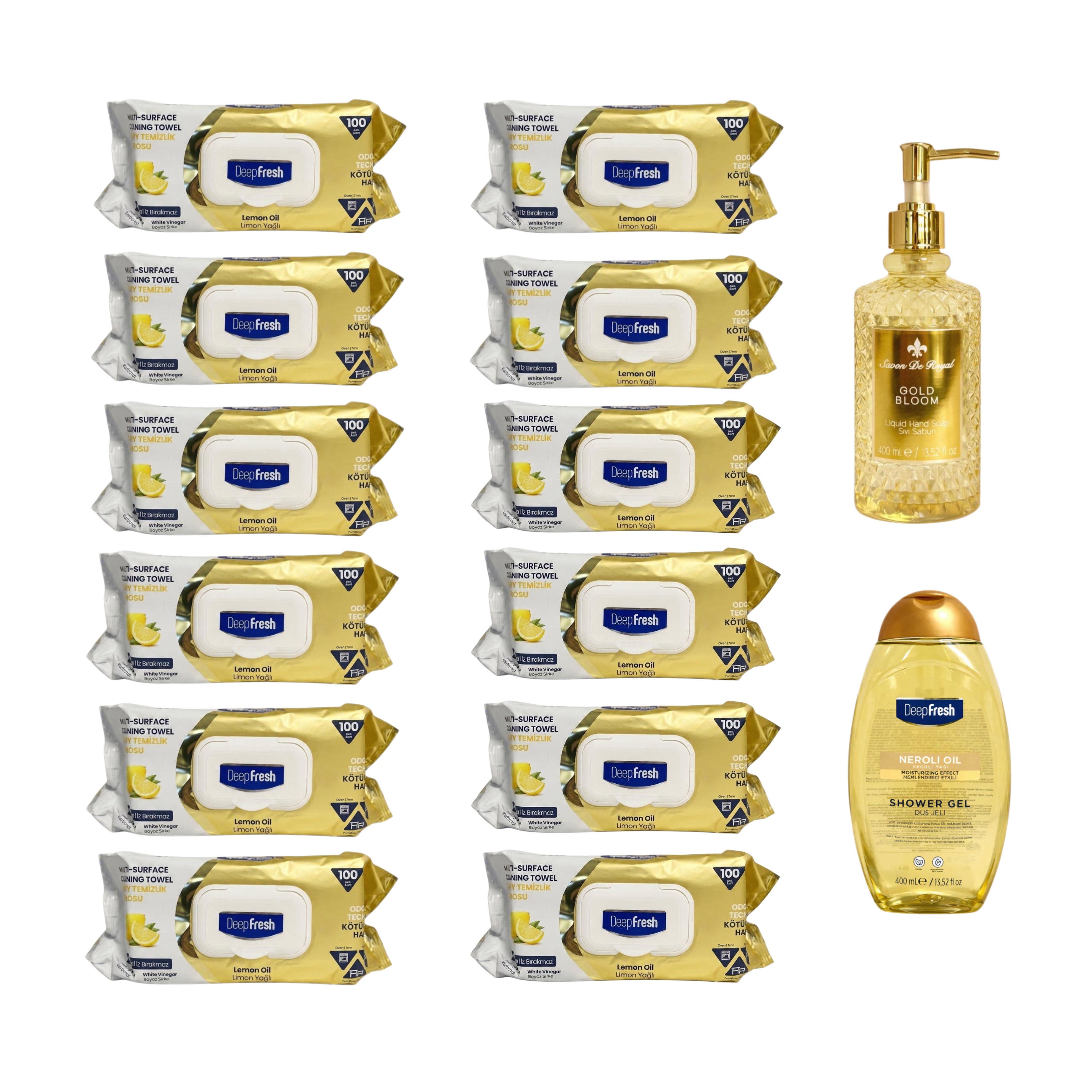 Şerveţele umede pentru multi suprafeţe cu Lămâie, bicarbonat şi oțet Deep Fresh Odor Lock Technology 100 de bucăți x 12 pachete + Gel de duș Neroli Oil + Săpun Lichid Gold Bloom