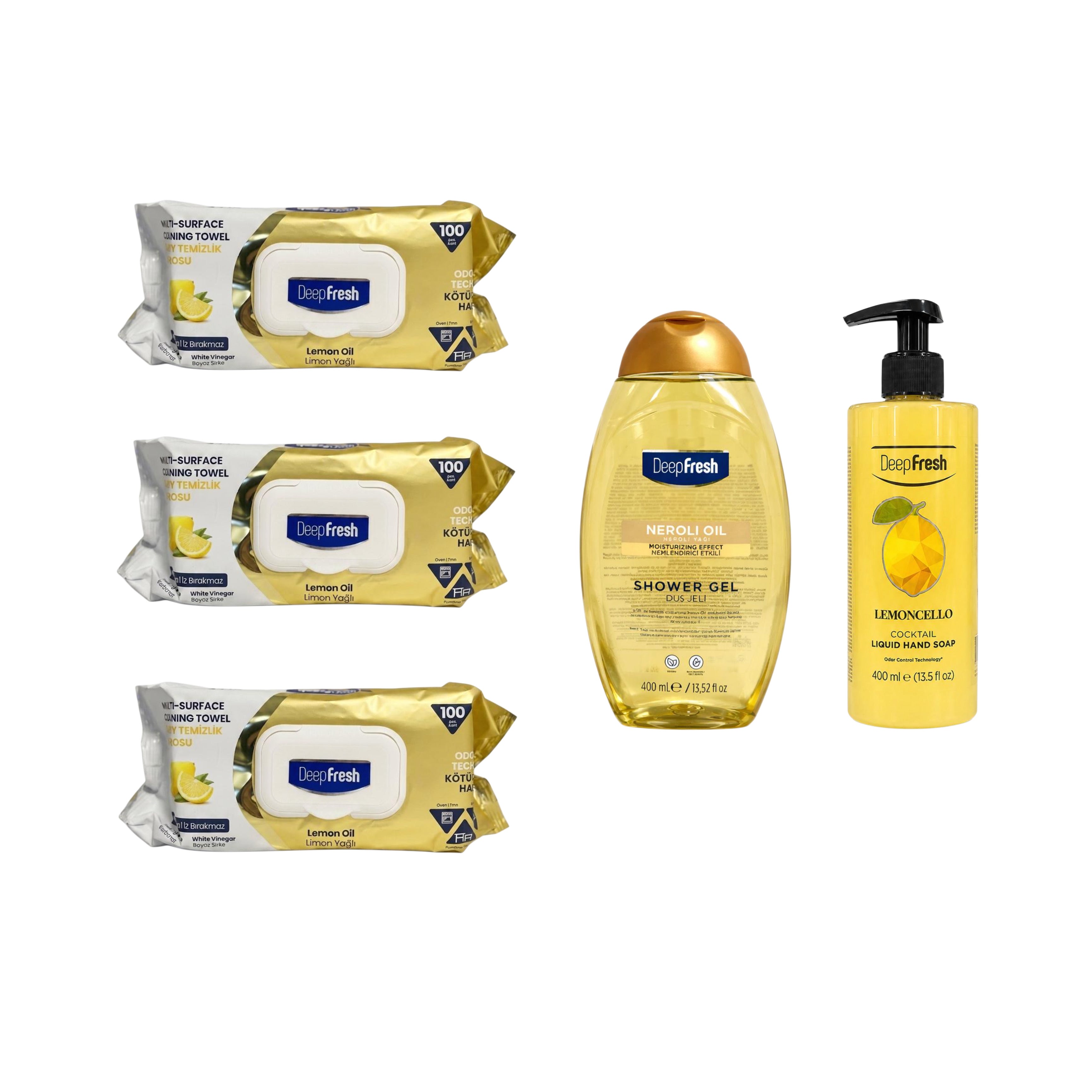 Şerveţele umede pentru multi suprafeţe cu Lămâie, bicarbonat şi oțet Deep Fresh Odor Lock Technology 100 de bucăți x 3 pachete + Gel de duș Neroli Oil + Săpun Lemoncello Cocktail