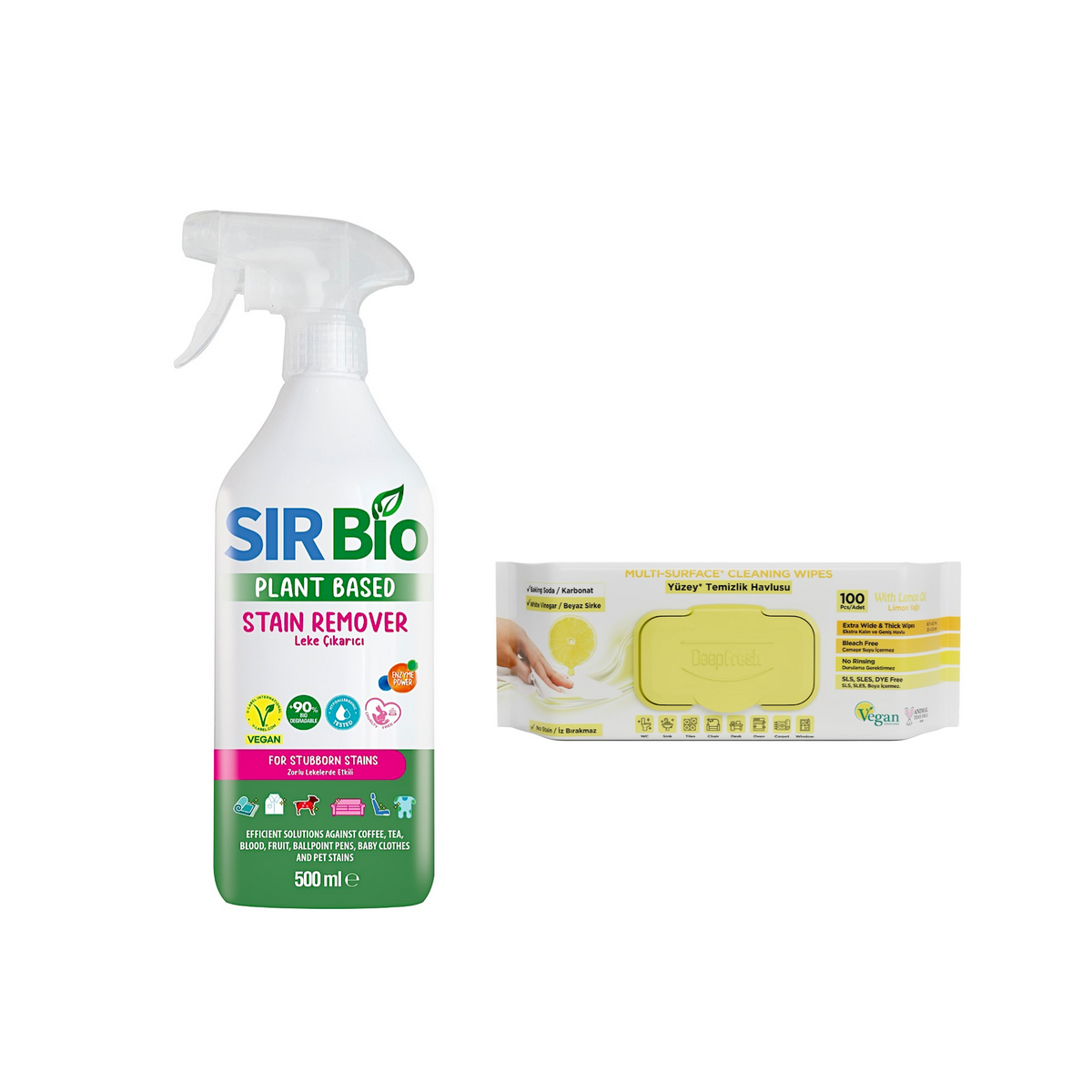 Soluţie pentru ȋndepartarea petelor multi suprafeţe Sir Bio 500 ml + Şerveţele umede pentru multi suprafeţe cu lămâie, bicarbonat şi oțet Deep Fresh  100 de bucăți - Redist