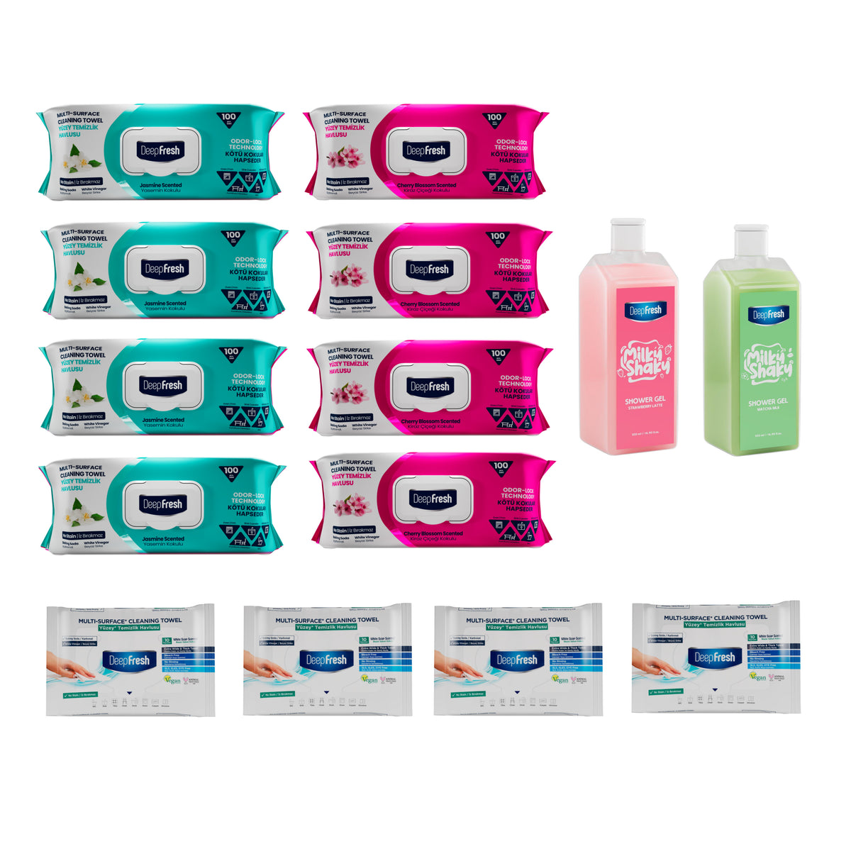 Nou: Șervețele Deep Fresh Iasomie 100 bucăți + Şerveţele Deep Fresh Crini 100 bucăți + Șervețele Deep Fresh mini 10 bucăți + 2× Gel de duș Milky Shake