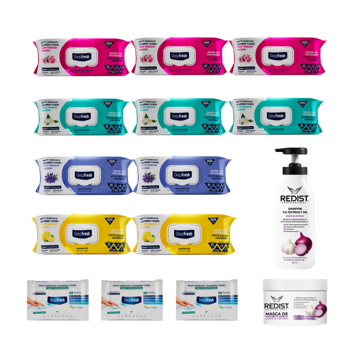 Kit șervețelele multi suprafețe Deep Fresh + Kit Redist împotriva căderii părului cu ceapă și usturoi