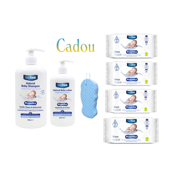 Pachet Baby Probiotics : Sampon natural pentru copii DeepFresh Probiotics 750 ml + Lotiune de corp naturala pentru copii DeepFresh Probiotics 300 ml + Șervețele umede DeepFresh Probiotics : 4 pachete + CADOU : Burete de baie exfoliant Super Soft - Redist