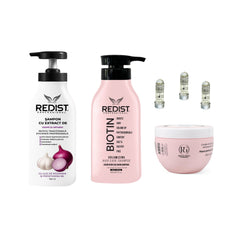 Șampon cu extract de ceapă și usturoi Redist +Șampon cu Biotină + Mască Royal Gold Max Repair Pink  + Mască de păr lichidă fiolă tratament x 3 bucăți