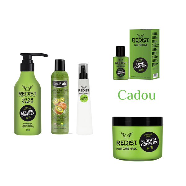 Gama cu Keratina Redist pentru volum si hidratare: Sampon 500 ml + Masca de păr 475 ml + Balsam bifazic 225 ml + Gel de dus exfoliant cu samburi de fructe Exotic Kiwi 400 ml + CADOU : Parfumul pentru par Love Garden 50 ml Redist - Redist