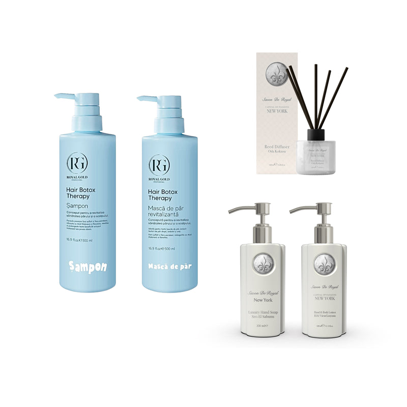 Șampon Hair Boto Therapy by Royal Gold 500 ml + Mască de păr revitalizantă Boto Therapy  by Royal Gold 500 ml + Gama Luxury Savon de Royal Capital of Passion New York