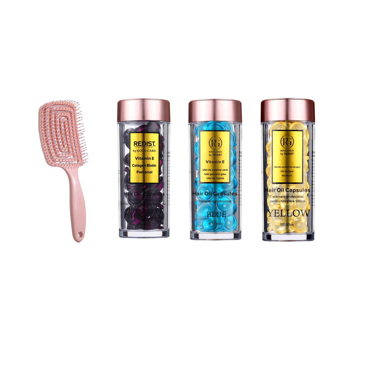Capsule pentru par cu Biotina Purple Redist 30 buc + Capsule ser tratament pentru păr Blue Royal Gold by Redist 30 Buc + Capsule ser tratament pentru par Yellow Royal Gold by REDIST 30 buc + Perie pentru par flexibila - Redist