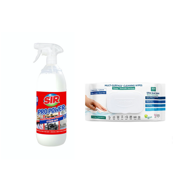 Soluţie pentru ȋndepartarea petelor multi suprafeţe Sir Pro Power 1000 ml + Şerveţele umede pentru multi suprafeţe cu bicarbonat şi oțet Deep Fresh 100 de bucăți