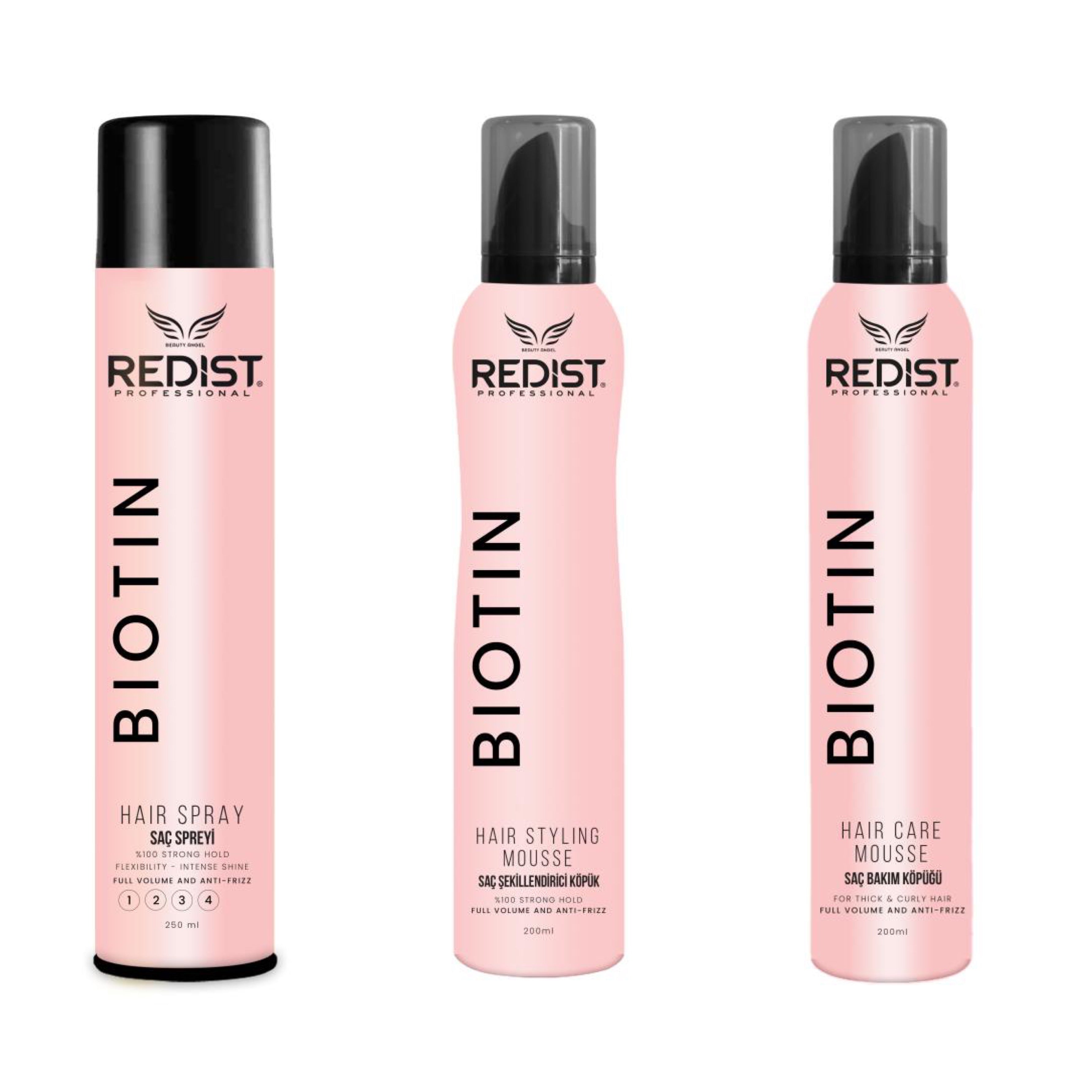 Pachet pentru volum și antifrizz:Hair Care Mousse Biotin 200 ml+ Hair Styling Mousse Biotin Redist 200 ml+ Hair spray fixativ Biotin 250 ml - Redist
