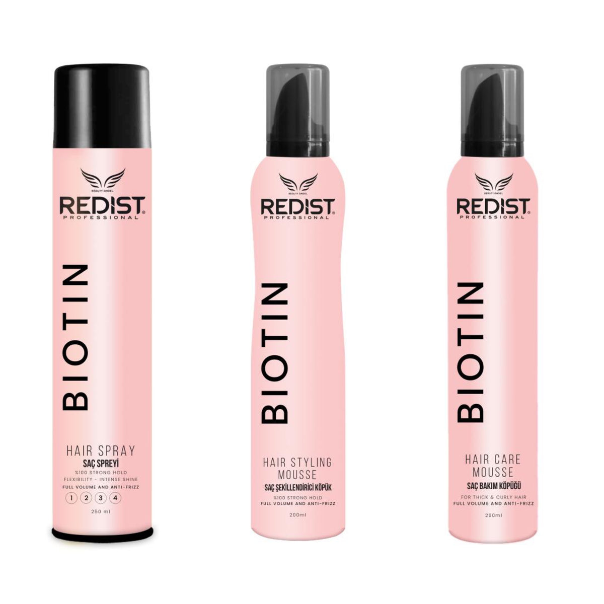 Pachet pentru volum și antifrizz:Hair Care Mousse Biotin 200 ml+ Hair Styling Mousse Biotin Redist 200 ml+ Hair spray fixativ Biotin 250 ml - Redist