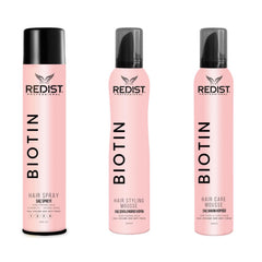 Pachet pentru volum și antifrizz:Hair Care Mousse Biotin 200 ml+ Hair Styling Mousse Biotin Redist 200 ml+ Hair spray fixativ Biotin 250 ml - Redist