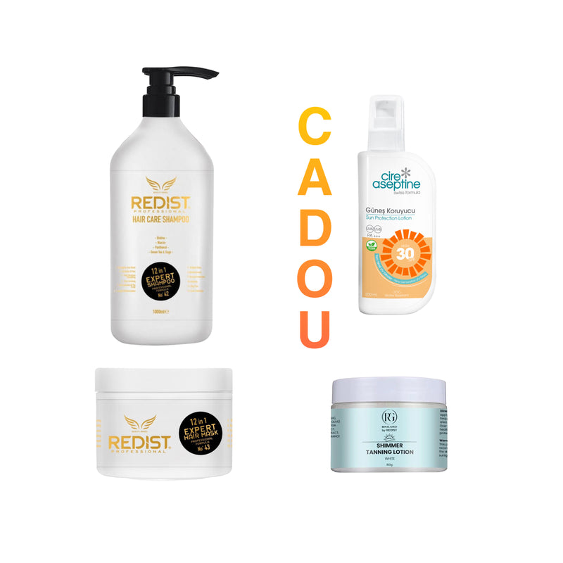 Sampon Redist Professional 12 in 1 Expert 1000 ml + Masca de păr Redist Professional 12 in 1 Expert 500 ml + CADOU : Cremă protecție solară Cire Aseptine 30 SPF 200 ml + Shimmer Tanning Lotion SPF 10 Royal Gold by Redist, White 150 g