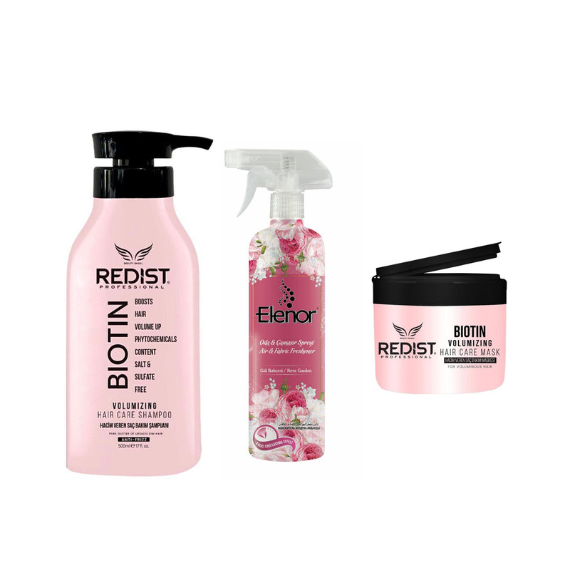 Sampon cu Biotina Redist pentru volum 500 ml + Masca de par cu Biotina Redist 250 ml + Odorizant pentru cameră și textile Elenor Rose Garden 500 ml