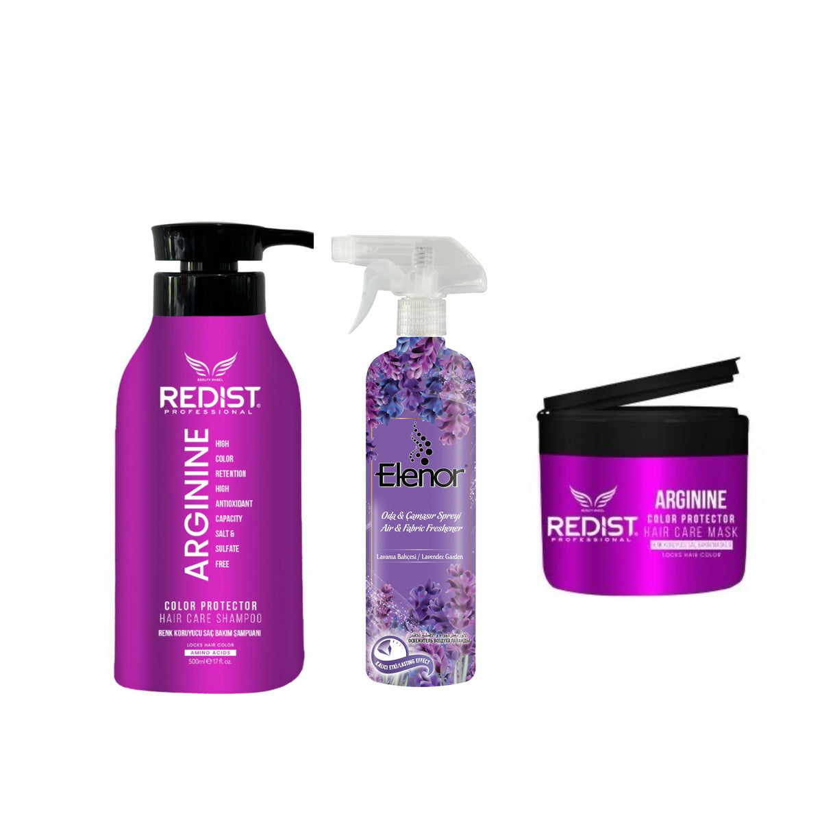 Sampon cu Arginine Redist pentru protectia culorii 500 ml + Masca de par cu Arginine Redist 250 ml + Odorizant pentru cameră și textile Elenor Lavandă 500 ml - Redist