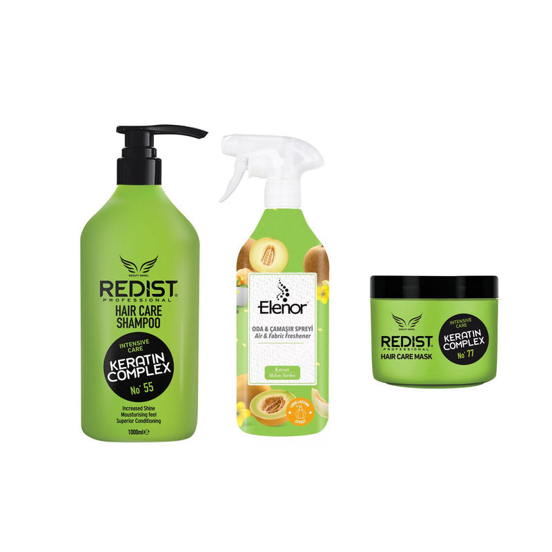 Sampon profesional cu Keratina Redist 1000 ml + Masca profesionala pentru par cu Keratina Redist 500 ml + Odorizant pentru cameră și textile Elenor Melon Sorbet 500 ml