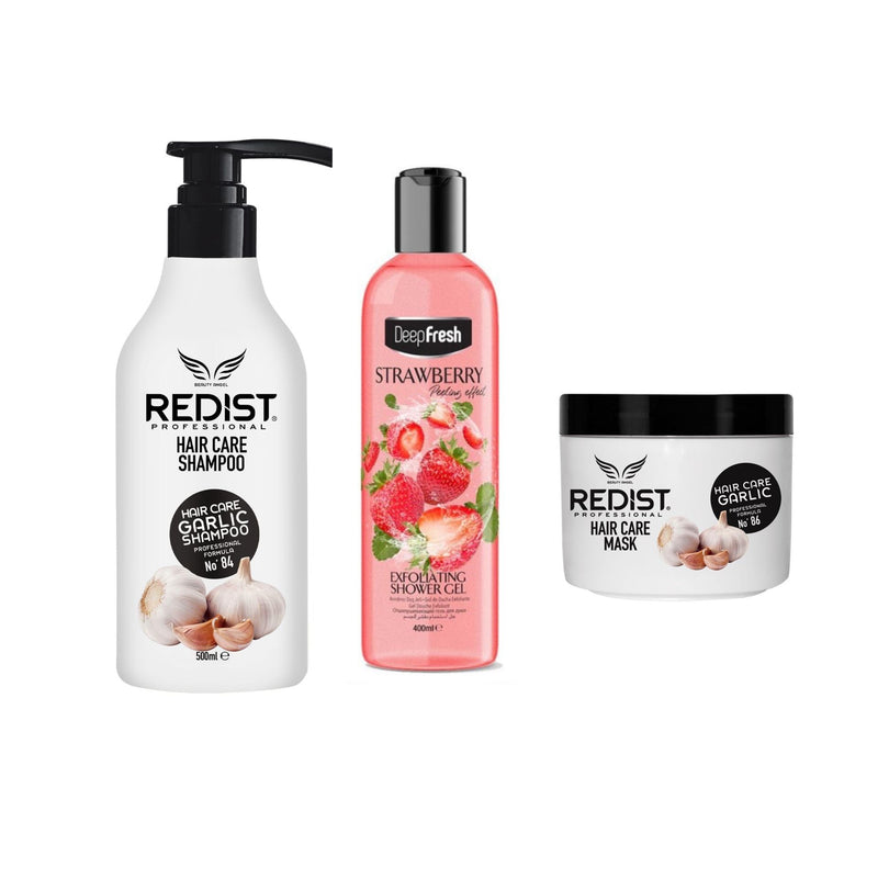 Sampon cu usturoi 500 ml + Masca cu usturoi + Gel de dus exfoliant Strawberry Deep Fresh 400 ml