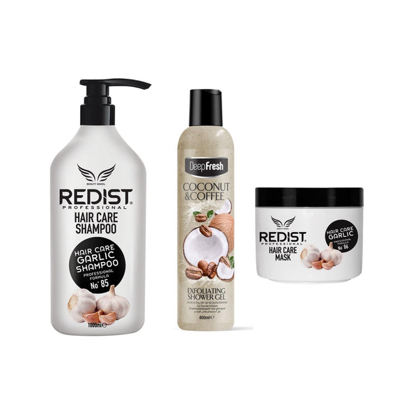 Sampon cu usturoi 1000 ml + Masca cu usturoi + Gel de dus exfoliant Coconut & Coffee Deep Fresh 400 ml - Redist