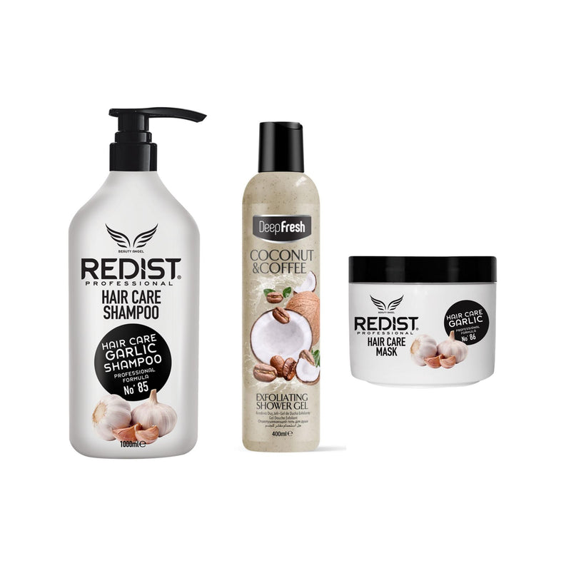 Sampon cu usturoi 1000 ml + Masca cu usturoi + Gel de dus exfoliant Coconut & Coffee Deep Fresh 400 ml