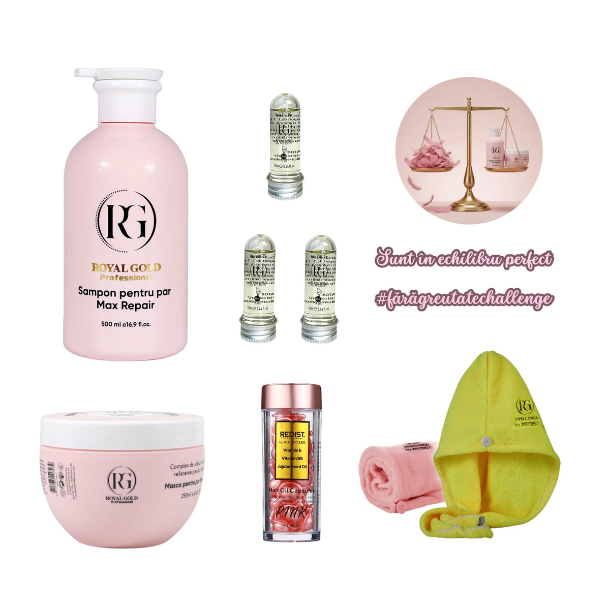 Nou: Gama Max Repair Pink by Royal Gold + 3 x Mască de păr lichidă fiolă tratament Redist  + Capsule Pink + Set Prosoape de păr